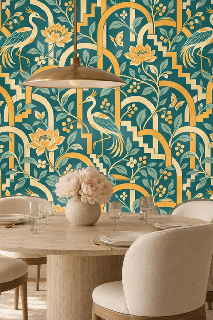 Muted teal and mustard palette with subtle cream highlights.