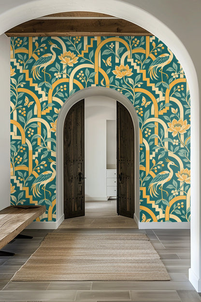 Turquoise Lockstep wallpaper pattern with golden arches and herons on turquoise background.