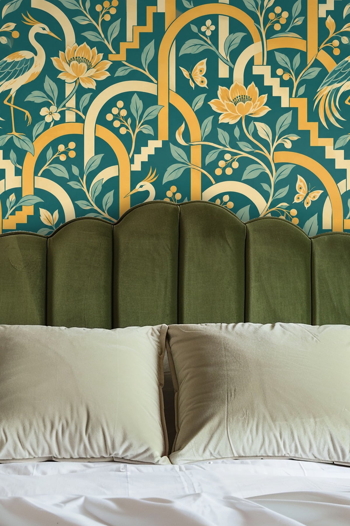 Close-up of the heron and lotus flower motifs in the Turquoise Lockstep design.