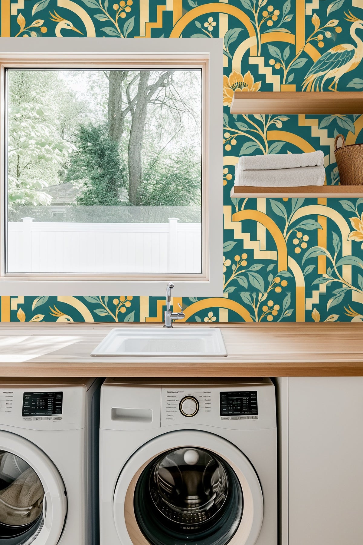 Butterflies fluttering within the architectural floral pattern of the wallpaper.