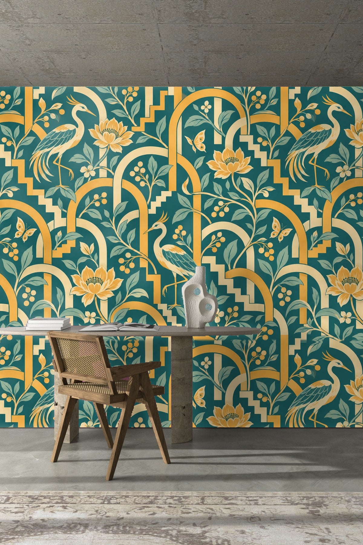 Large floral blooms featured prominently in the wallpaper’s composition.