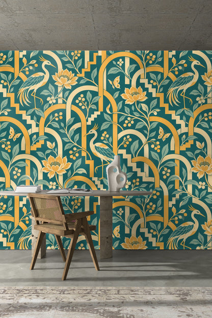 Large floral blooms featured prominently in the wallpaper’s composition.