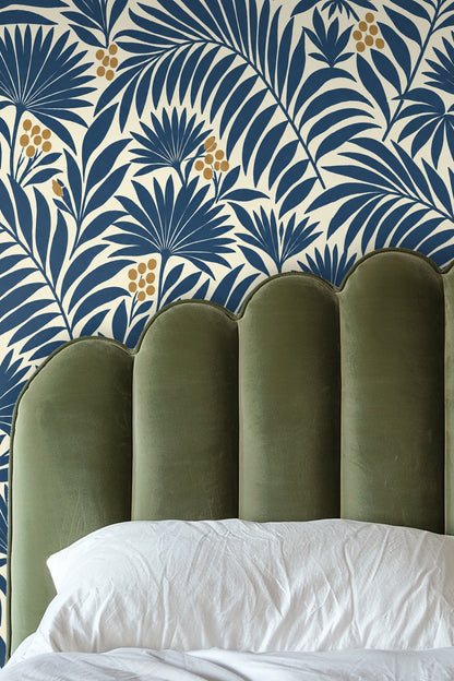 Visual rhythm and scale of indigo palm leaves and berries in a repeat pattern
