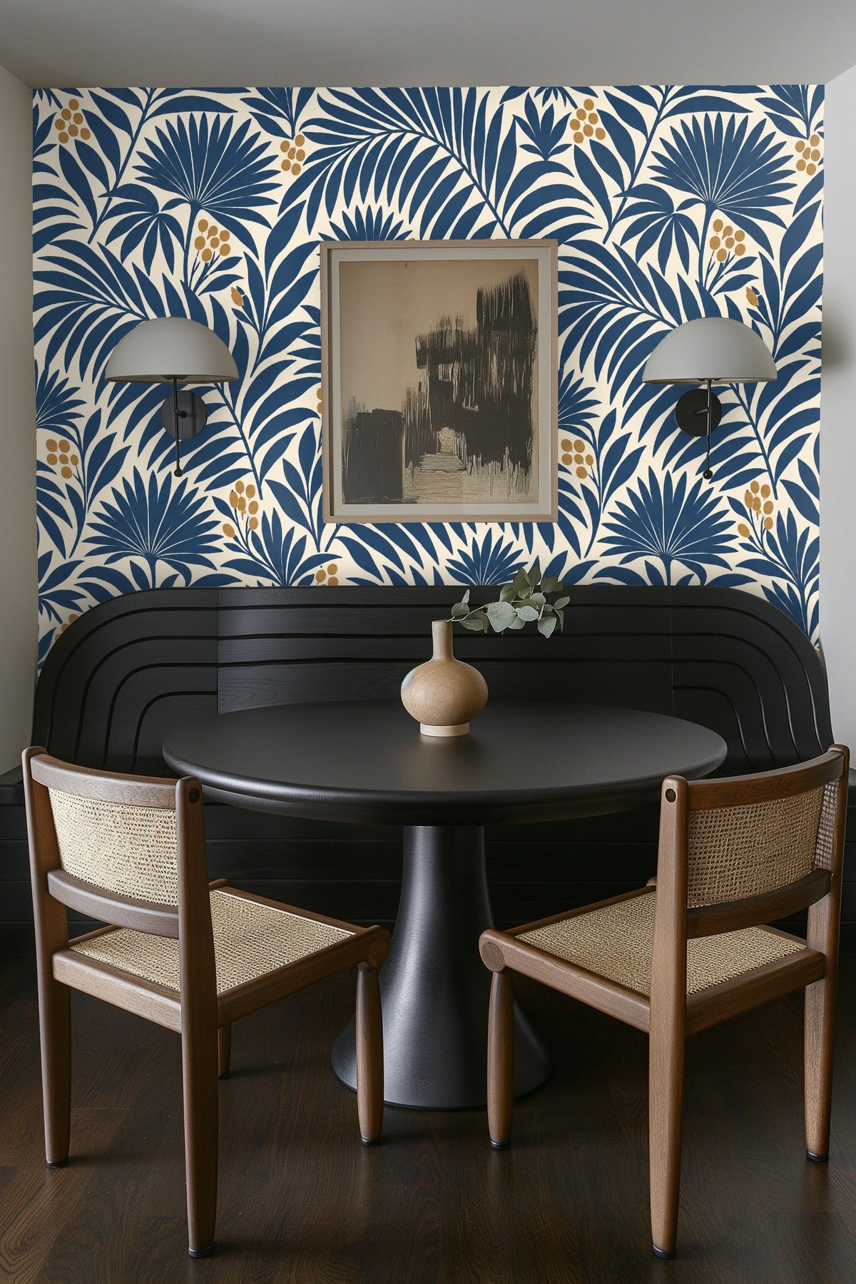 Balanced contrast between dark indigo leaves and light cream ground