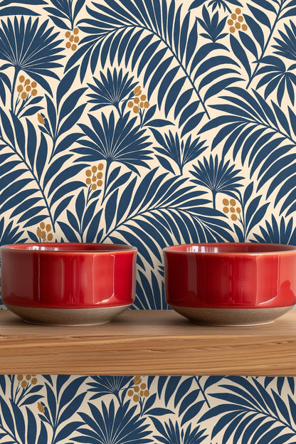 Flowing palmleaf motifs creating a botanical dance across the wallpaper