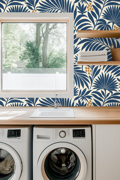 Entryway featuring Indigo Fan Palm wallpaper framing dark wooden doors beneath an archway