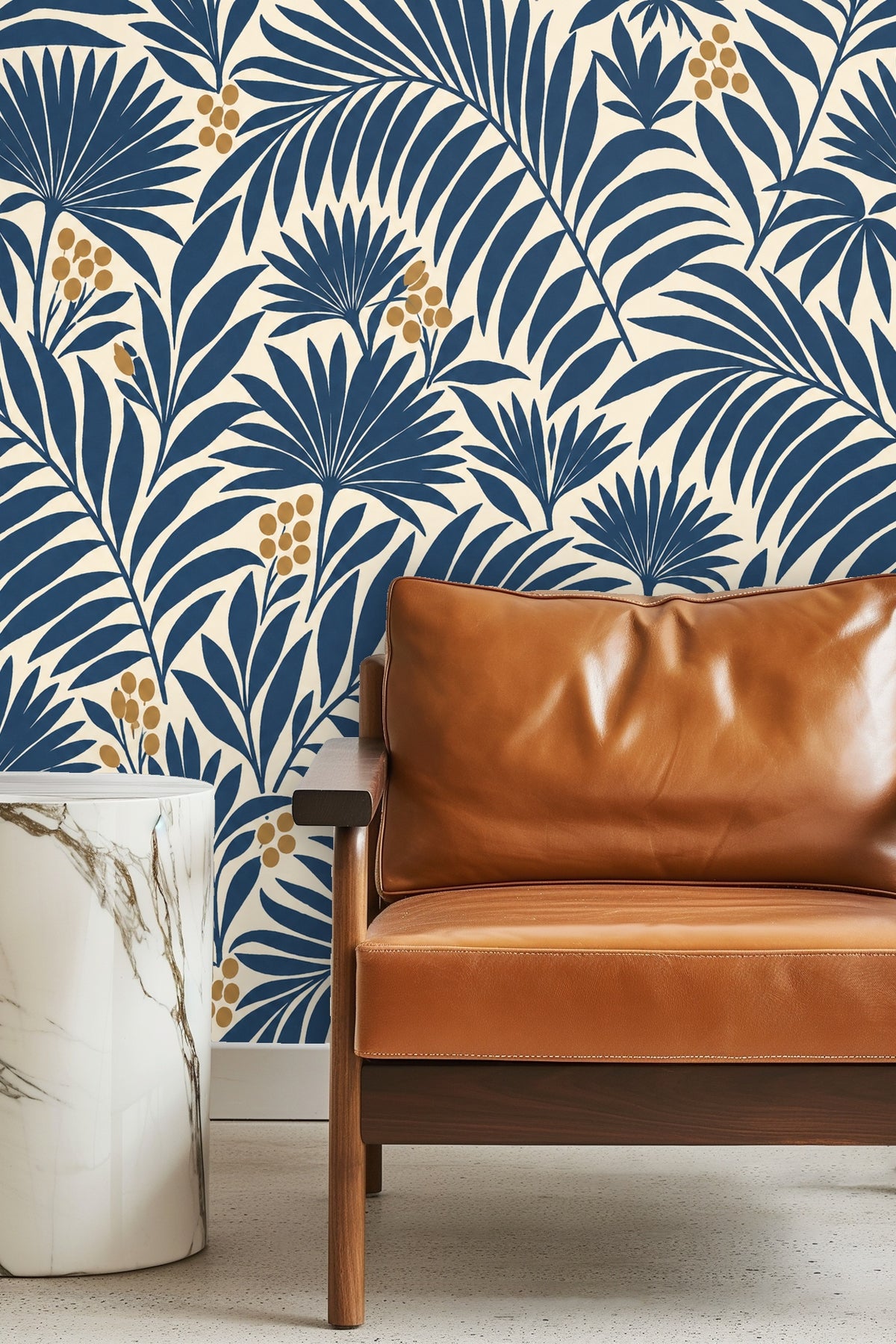 Close-up of overlapping fan-shaped palm leaves in deep indigo with golden berry clusters
