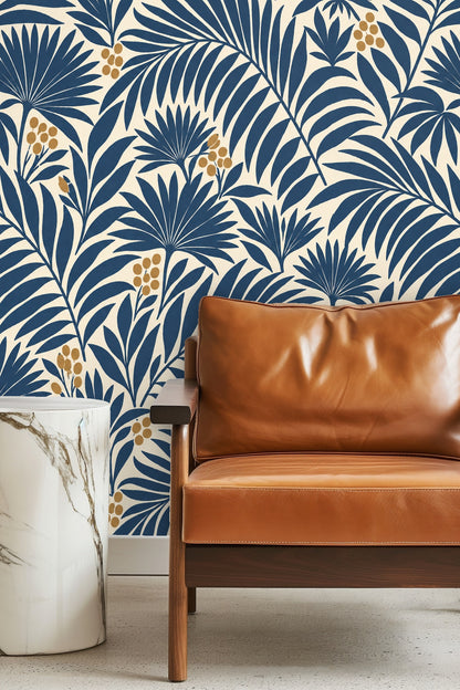 Close-up of overlapping fan-shaped palm leaves in deep indigo with golden berry clusters