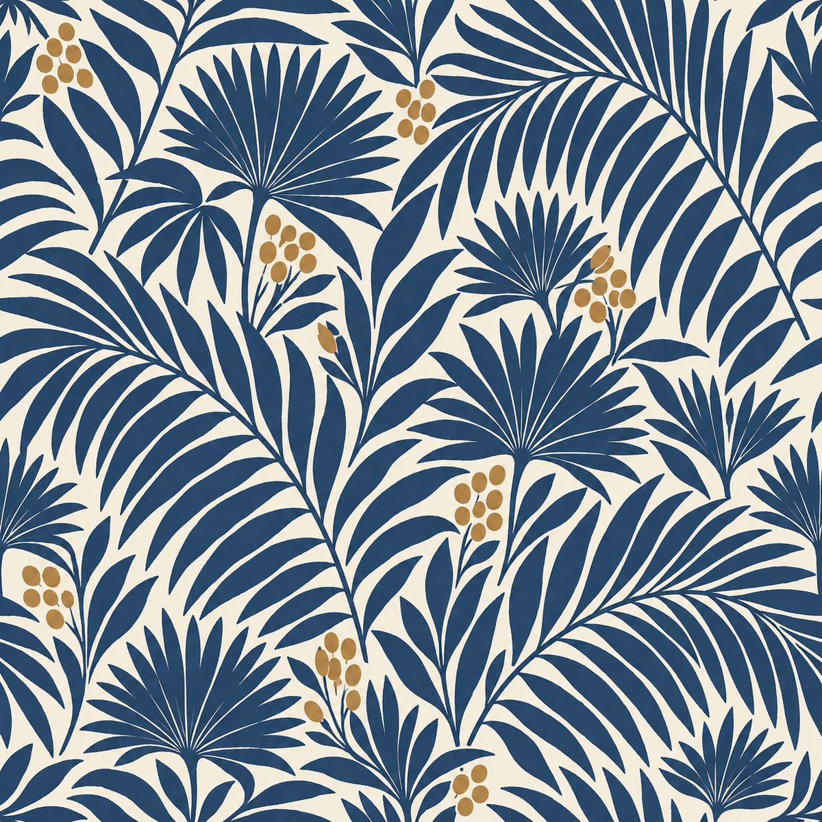 Muted golden berries scattered within indigo palm frond clusters