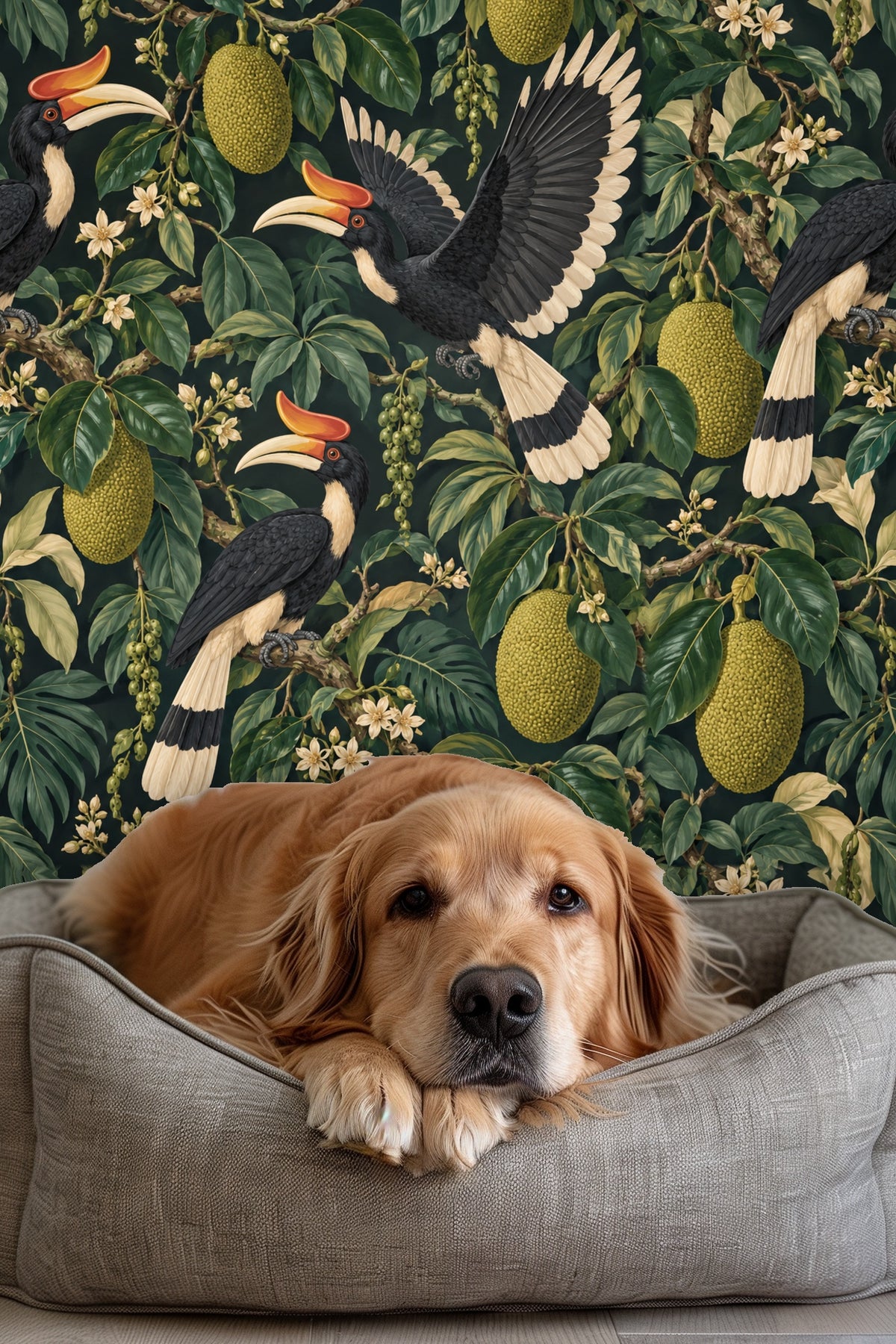 Close-up of Nightfruit Hornbills wallpaper with a lit candle and glass vase in front.