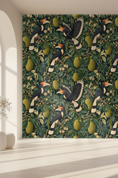 Arrangement showing the scale of fruits relative to birds on the wallpaper.