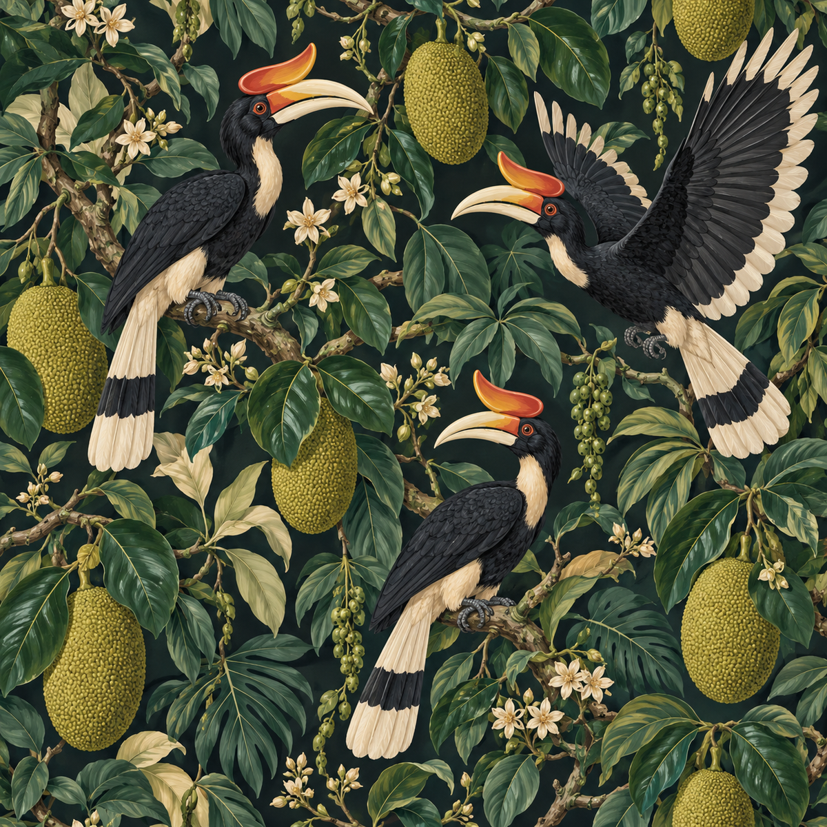 Quiet corner of room decorated with natural elements and Nightfruit Hornbills wallpaper.