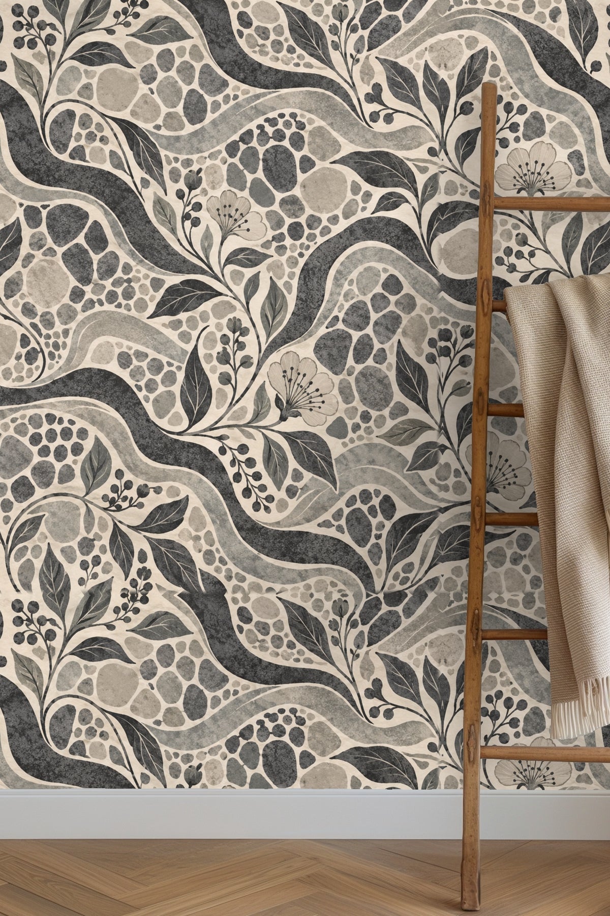Charcoal Pebblewave wallpaper artwork showing flowing pebble and floral pattern in shades of charcoal and grey.