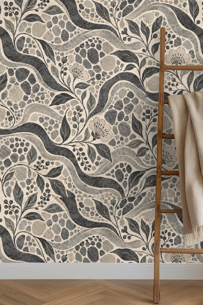 Charcoal Pebblewave wallpaper artwork showing flowing pebble and floral pattern in shades of charcoal and grey.