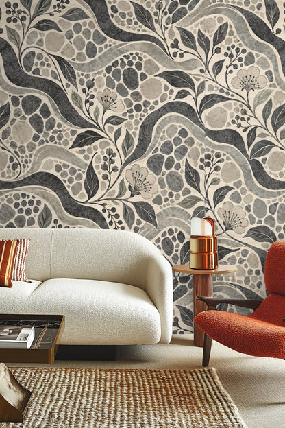Pattern detail highlighting charcoal waves and various sized pebble shapes with subtle floral overlays.