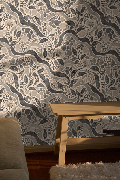 Modern wallpaper design with natural and abstract influences in a muted palette.