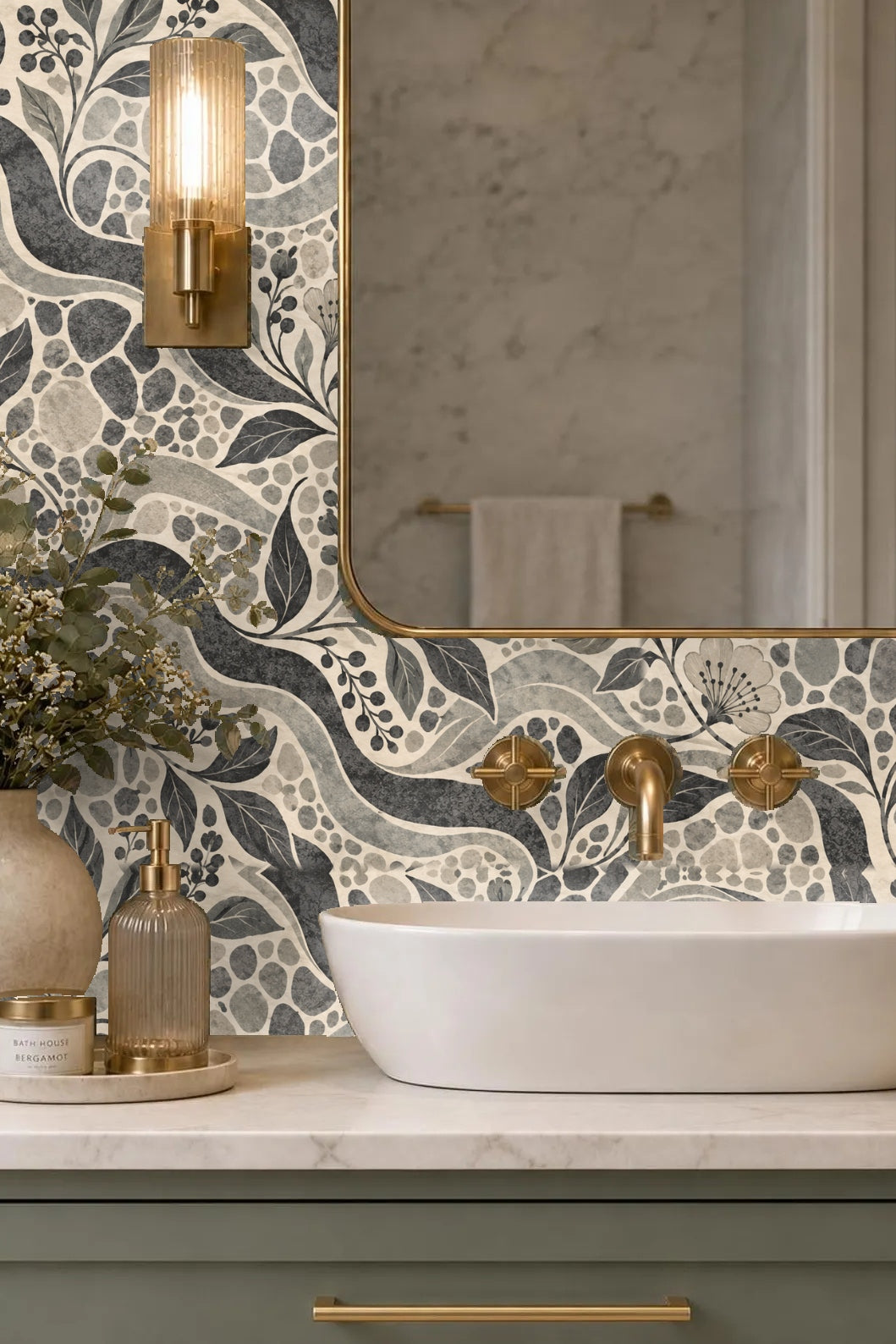 Mood view of an entryway accented with neutral furniture against the wallpaper.