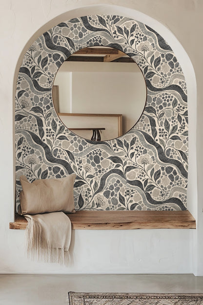 Decor scene combining textured rugs and wooden furniture harmonizing with wallpaper.