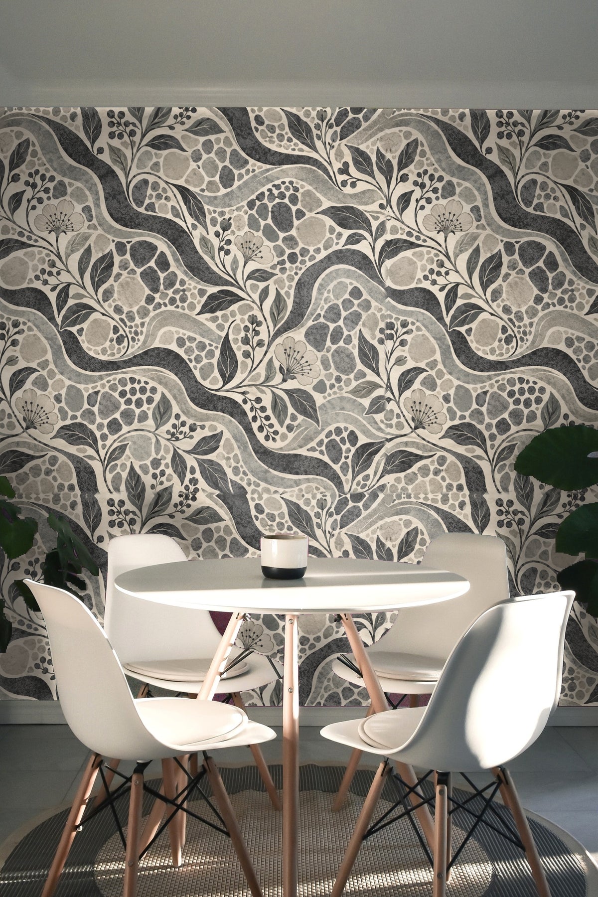 Charcoal and stone color layers creating tactile shading and dimension in the wallpaper.