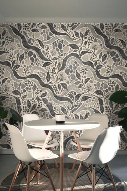 Charcoal and stone color layers creating tactile shading and dimension in the wallpaper.