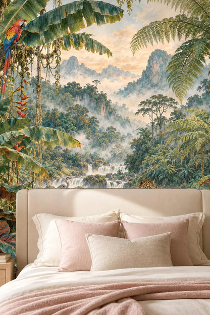 Living room scene with leather chair and side table set against jungle river dusk wallpaper
