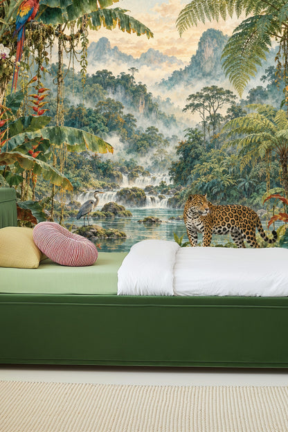 Interior shot emphasizing scale and depth of wallpaper’s jungle landscape