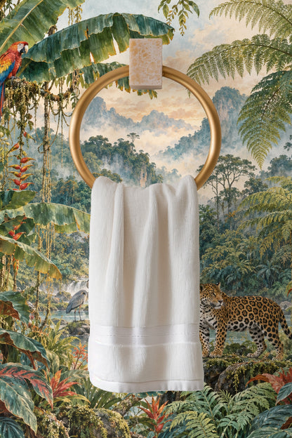 Detailed mural section highlighting waterfall and river with misty mountains