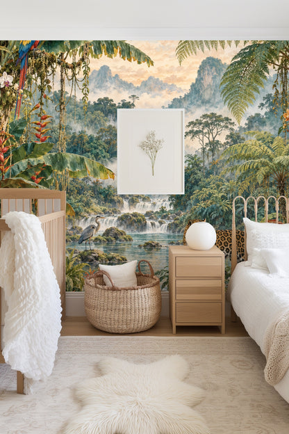 Bedroom interior showcasing jungle river dusk wallpaper above bed with pink bedding