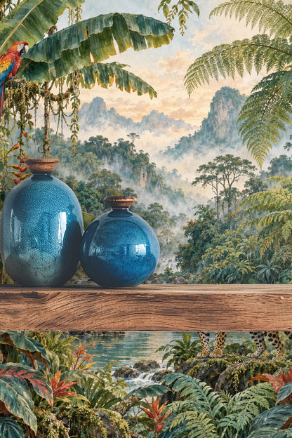 Wallpaper detail featuring jaguar standing on rock in jungle river setting