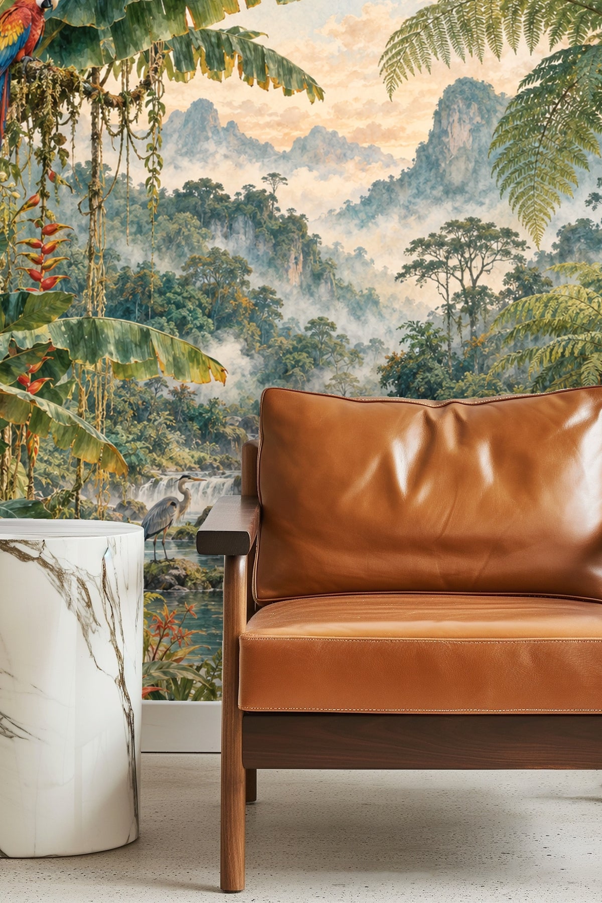 Wallpaper artwork featuring a lush jungle river with a jaguar and macaw at dusk