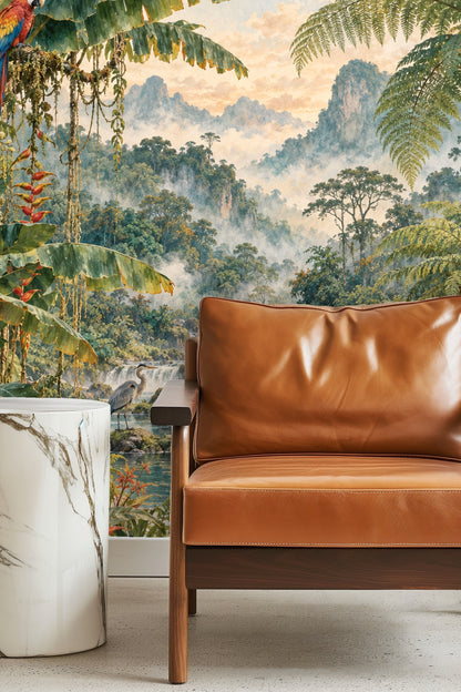 Wallpaper artwork featuring a lush jungle river with a jaguar and macaw at dusk