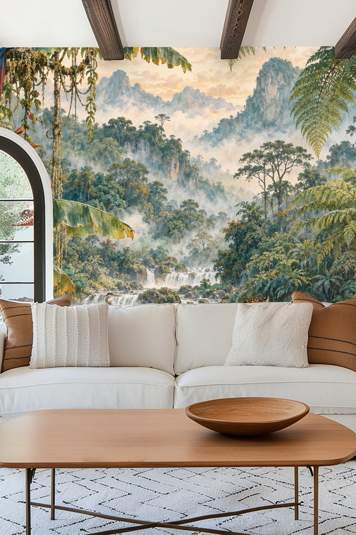 Partial view of tropical plants and foliage motifs in wallpaper