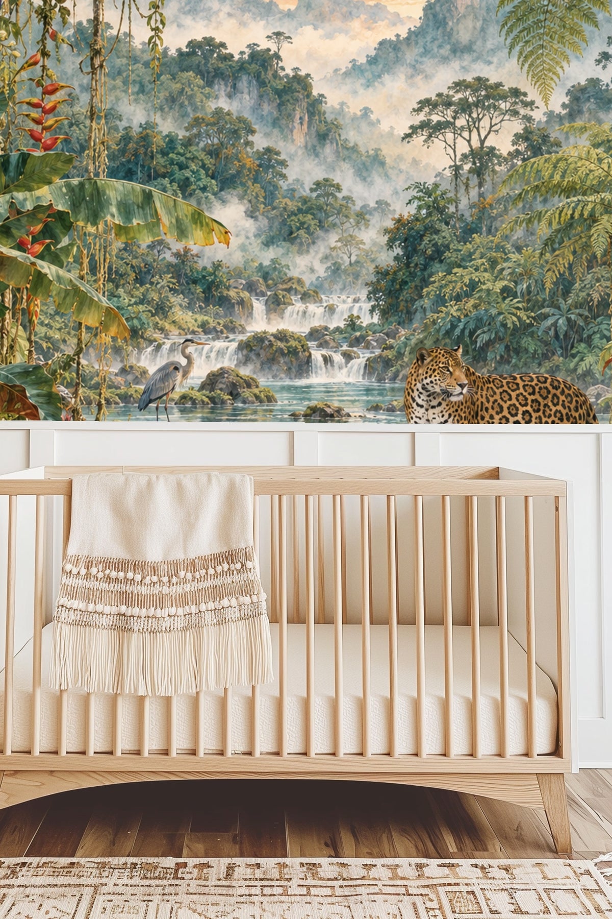 Wall view showing dense tropical ferns and large leaves framing river