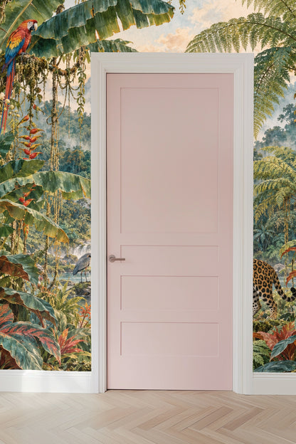 Close-up detail of wallpaper showing intricate tropical leaves and flowers