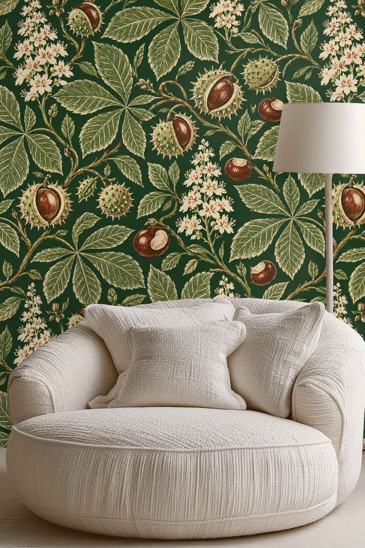 Bedroom wall with Chestnut Trail wallpaper behind mustard yellow velvet headboard and white bedding