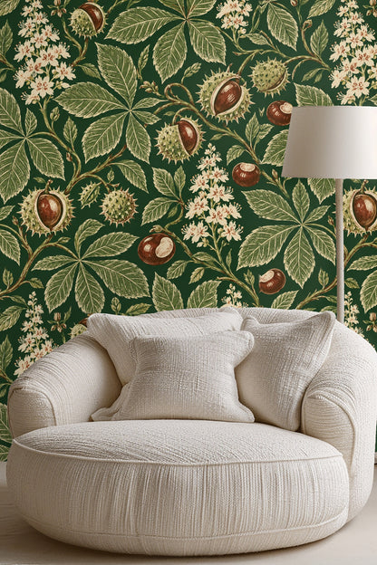 Bedroom wall with Chestnut Trail wallpaper behind mustard yellow velvet headboard and white bedding