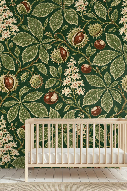 Living room with cream textured round chair and floor lamp against Chestnut Trail botanical wallpaper