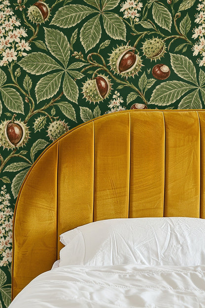 Close-up of detailed botanical wallpaper showing chestnut leaves and spiky nuts against emerald green background
