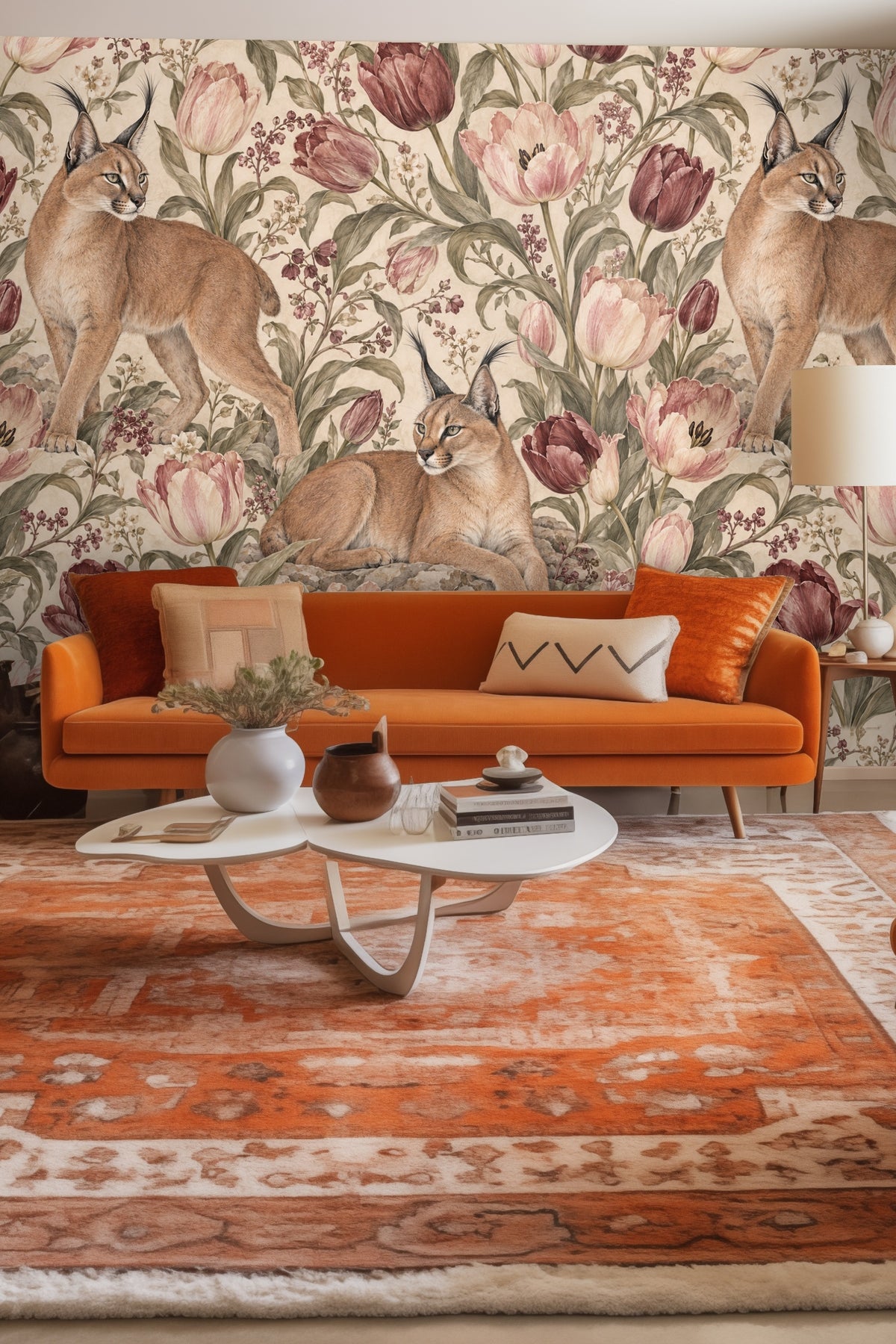 Wallpaper with detailed lynxes and blossoming pink and red tulips on a soft beige background