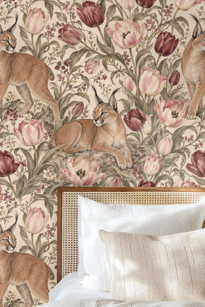 Living room wall covered in Blush Tulip Lynx wallpaper with orange sofa and patterned rug