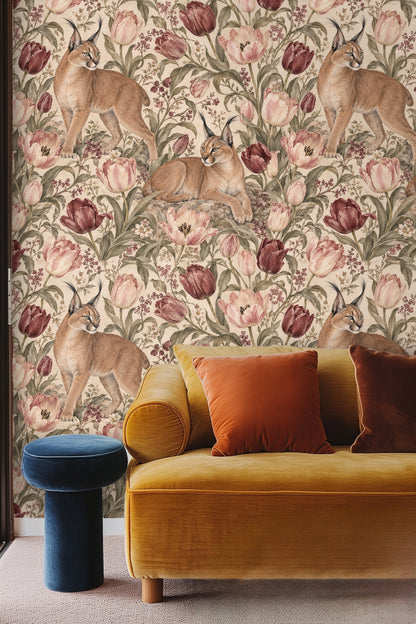 Elegant curling tulip stalks framing the lynx