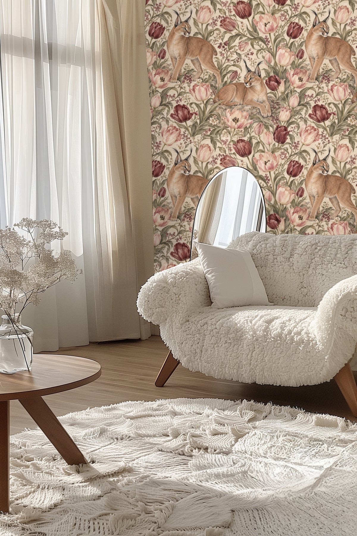 Bedroom featuring Blush Tulip Lynx wallpaper above a bed with woven headboard and white bedding