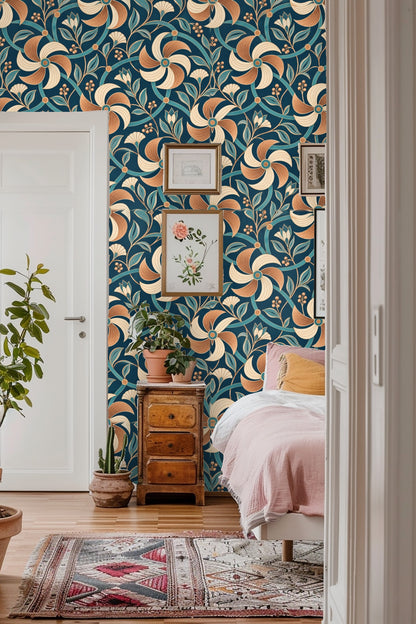 View of bedroom wall with vibrant floral lattice wallpaper behind vintage bed frame