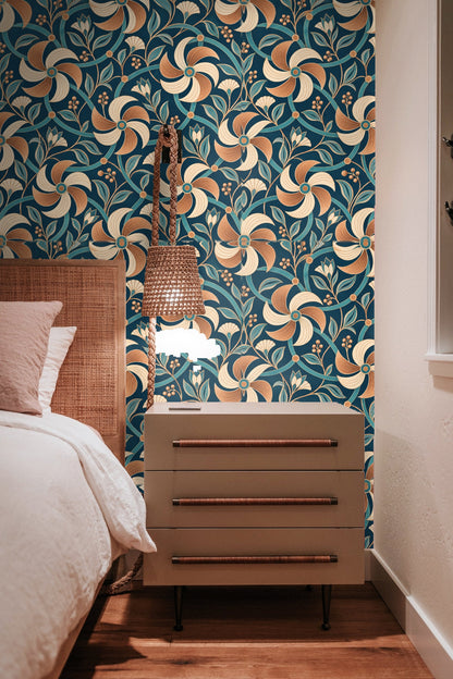 Pattern repeat showing interactions of pinwheel shapes and circular lattice elements
