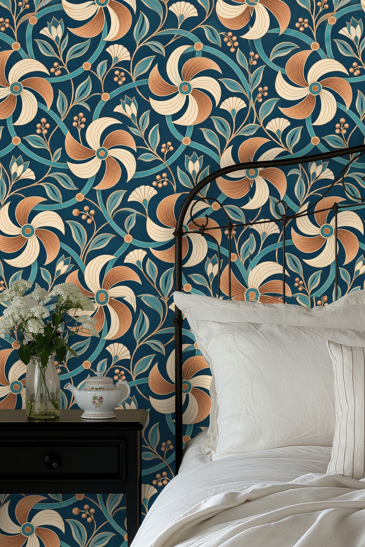 Wallpaper pattern of copper and cream pinwheel flowers with teal lattice on deep teal background