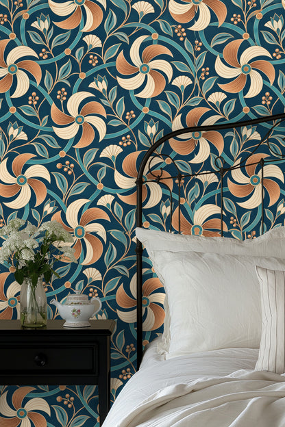 Wallpaper pattern of copper and cream pinwheel flowers with teal lattice on deep teal background