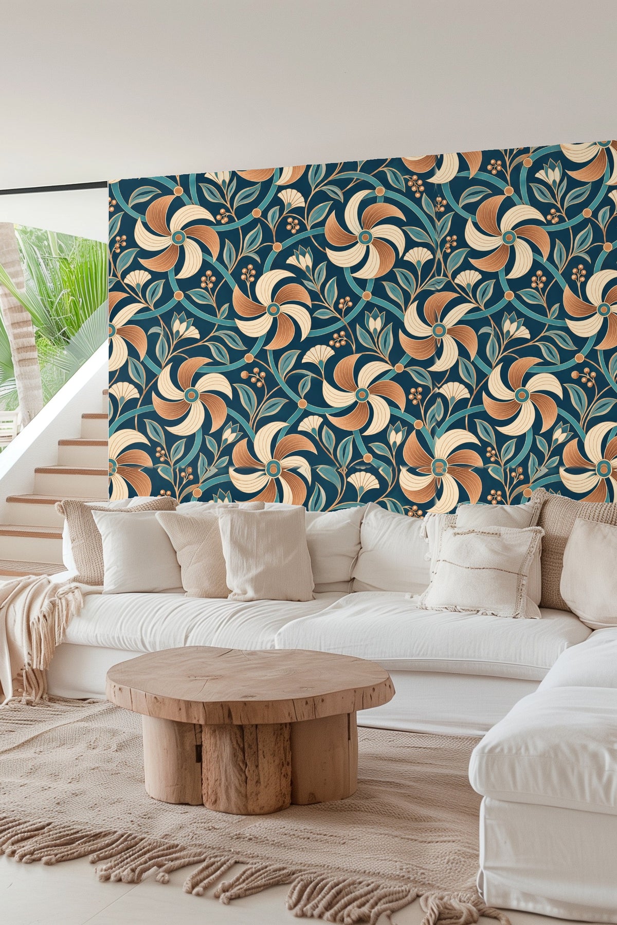 Living room with natural light highlighting the warm copper tones in wallpaper pattern