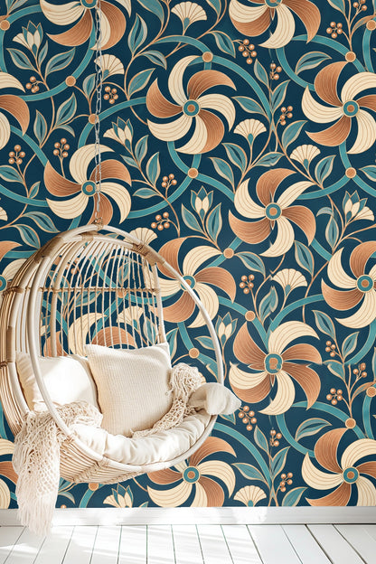 Bedroom wall with Copper Windmill Lattice wallpaper behind black iron headboard and white bedding
