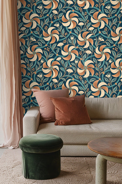 Wallpaper motif with layered copper petals and turquoise leaves outlined delicately
