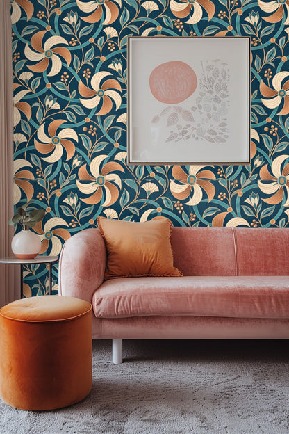 Section of wallpaper showing curved teal lattice rings interspersed with stylized leaves and berries
